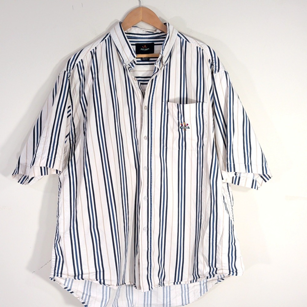Ivy Crew Vintage Button Down Shirt; Striped Short Sleeve XXL Cotton